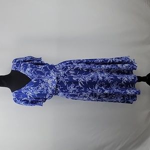 Talbots Blue White Floral V Neck Midi Dress | Size 4